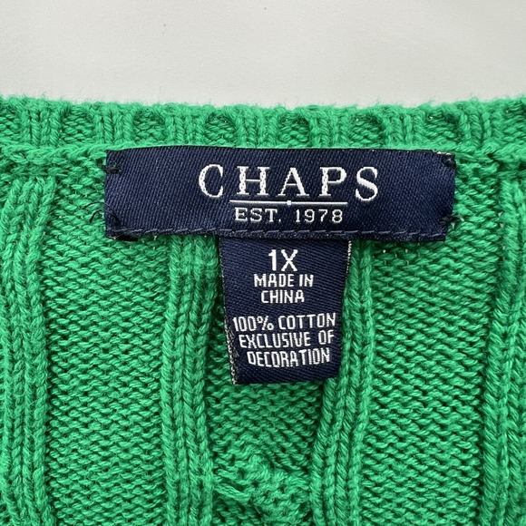Vintage Chaps Cable Knit Sweater Size 1X Kelly Green Fisherman Preppy V-Neck - Picture 3 of 8